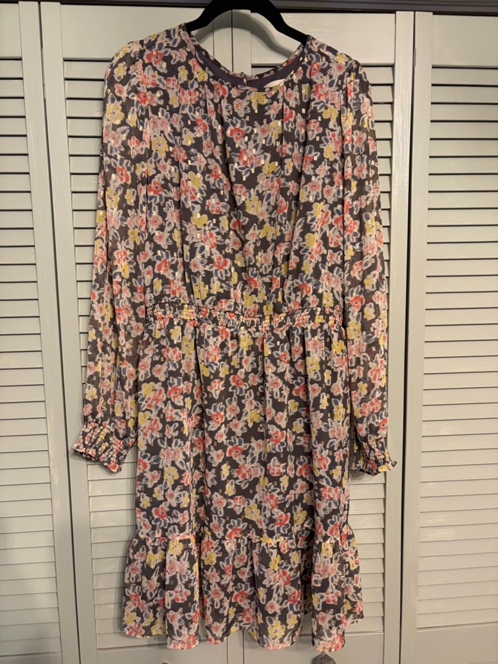 LOFT Gray Floral Dress with Pink and Yellow Accents